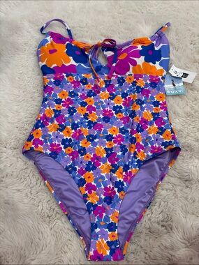 Roxy Purple One-Piece Swimsuit with Orange, Pink & Blue Floral Pattern